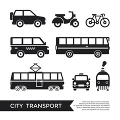 Digital vector black city transport icons set with drawn simple line art info graphic, presentation with car, tram and taxi elements around promo template, flat style