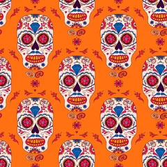 Papier Peint photo Crâne Modèle sans couture du jour des morts mexicain dessiné à la main. Crâne de sucre coloré de vecteur avec ornement floral.