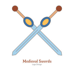 Medieval crossed swords. Logo of weapons, modern flat, thin line style isolated on white background. Colorful medieval theme symbol. Simple medieval pictogram, logotype template. Vector illustration.