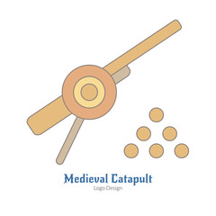 Medieval cannon with cannonballs. Single logo in flat, thin line style isolated on white background. Colorful medieval theme symbol. Simple medieval pictogram, logotype template. Vector illustration.