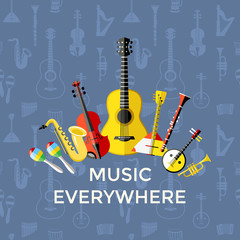 Digital vector blue music everywhere instruments icons with drawn simple line art info graphic, presentation with guitar, piano, drums and sound elements around promo template, flat style