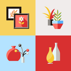 Digital vector red furniture icons with drawn simple line art info graphic, presentation with vase, flower, picture, frame and interior elements around promo template, flat style