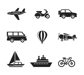 Digital vector black travel transport icons set with drawn simple line art info graphic, presentation with car, plane and vehicle elements around promo template, flat style