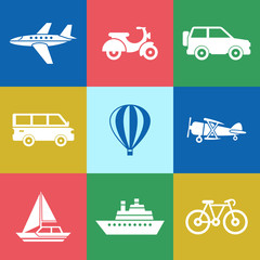 Digital vector red green blue travel transport icons set with drawn simple line art info graphic, presentation with car, plane and vehicle elements around promo template, flat style