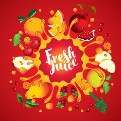 Vector banner with inscription fresh juice. Various fruits and berries, arranged in a circle and squirt juice on red background