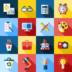 Digital vector blue red work space icons set with drawn simple line art info graphic, presentation with clock, calculator and office supplies elements around promo template, flat style