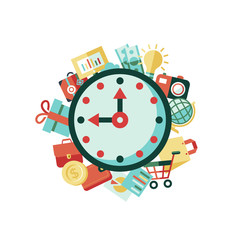 Digital vector green red work space icons set with drawn simple line art info graphic, presentation with clock, money and commerce elements around promo template, flat style