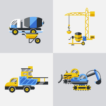 Digital vector yellow construction building tracks icons with drawn simple line art info graphic, presentation with crane, road, grout, excavator and cement elements around promo template, flat style