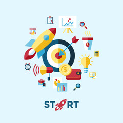 Digital vector blue red startup icons with drawn simple line art info graphic, presentation with rocket, project and business elements around promo template, flat style