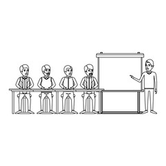 monochrome background with men group sitting in a desk for executive male in presentacion business people vector illustration
