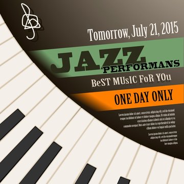 Jazz musician concert  poster with piano keys . Vector 