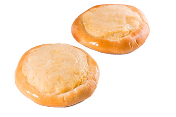 round pastry with curd cheese filling on top, white background, isolate, cheesecake, bakery