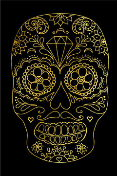 Vector sugar skull color illustration, t-shirt graphics. Mexican Day of the dead sugar skull.