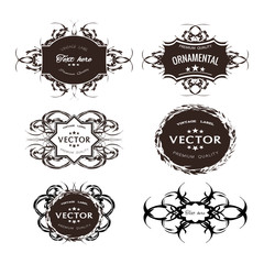 Digital vector black floral ornament stickers collection, ribbon and badges, tags with text, premium quality, vintage frame, flat style icon