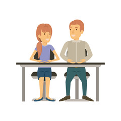 colorful silhouette of teamwork of woman and man sitting in desk and her with ponytail hairstyle and him in casual clothes vector illustration