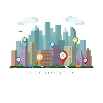 City navigation concept. Urban landscape with map pointers and city traffic. Vector illustration. Flat design