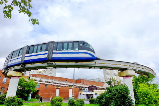 Moscow's elevated monorail with a train turning at the Timiryazevskaya loop, Moscow, Russia