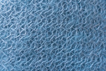 Close up of light blue handmade mohair knitted fabric