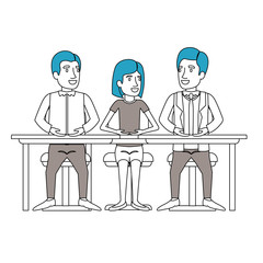color sections silhouette of teamwork of woman and men sitting in desk vector illustration