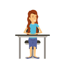colorful silhouette of woman with long wavy hair and sitting in chair in desktop vector illustration