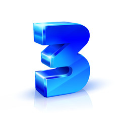 Glossy blue Three 3 number. 3d Illustration on white background.