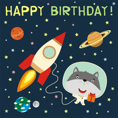 Happy birthday! Funny wolf with gift in spacesuit next to rocket in space. Birthday card with  wolf in cartoon style.