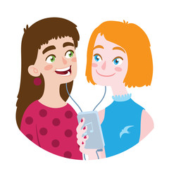 Friend is sharing music to a friend. Vector illustration.