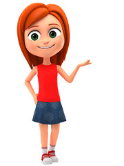 Happy young girl on a white background points a hand at an empty space. 3d rendering. Illustration for advertising.