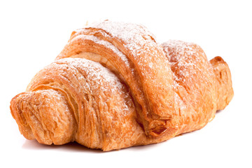 one croissant sprinkled with powdered sugar isolated on white background closeup