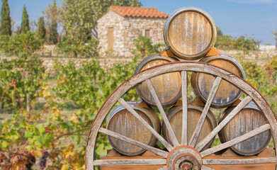 tonneaux sur charrette bois dans les vignes