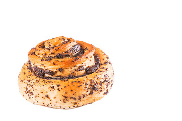 beautiful sweet tasty browned bun with poppy seeds, close-up, isolate, white background, bakery, baking, cafe