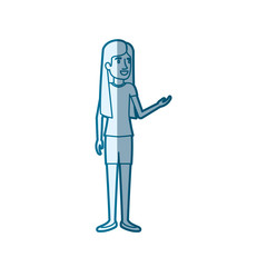 blue color silhouette shading of woman standing with long straight hair in t-shirt and short vector illustration