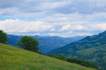 Beautiful landscape in Carpathian mountains, Amazing summer view in cloudy mountains, Ukraine