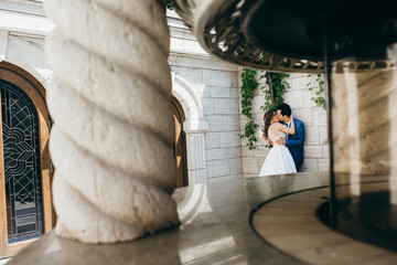 Very happy wedding couple at summer