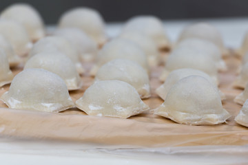 The process of making dumplings in the kitchen.