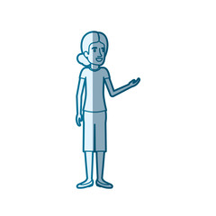 blue color silhouette shading of woman standing with collected hair in blouse and shorts vector illustration
