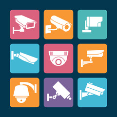 Security cameras white icons on colorful backdrop