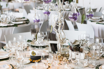 Restaurant table decorated for wedding celebration