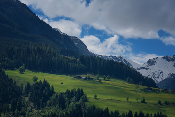 Idyllic landscape in the Alps in springtime with traditional mountain chalet and fresh green mountain pastures with blooming flowers on a beautiful sunny day. Austria, Europe.