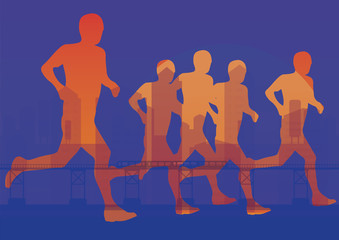 Obraz premium Running marathon in the night, people run. Vector illustration 