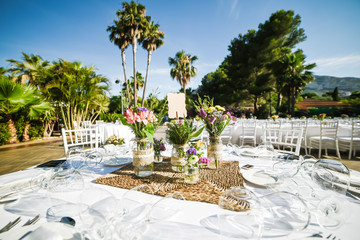 Outdoor wedding celebration in a restaurant
