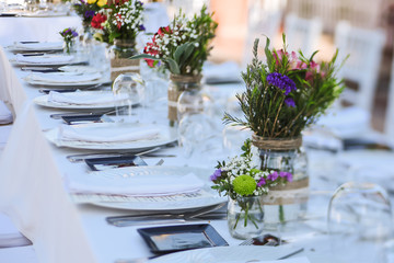 Outdoor wedding celebration in a restaurant