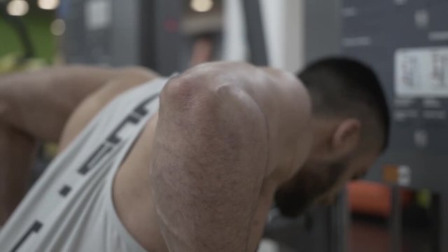 Closeup of Muscular Man Doing Triceps Exercise on Parallel Bars in Gym.