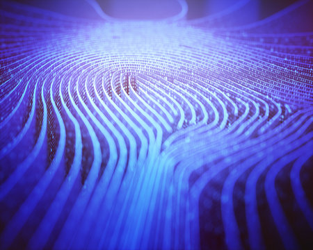 3D illustration. Fingerprint in labyrinth form, with binary codes in reference to individual identity.
