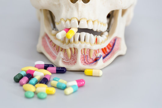 Skull model and medicine drug for education in laboratory.	