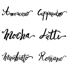 Creative coffee list calligraphy design for cafe shop decoration and menu.