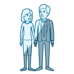 blue color silhouette shading of man and woman standing and her with short hair and him in formal suit with tie vector illustration