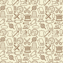 Seamless pattern with sewing equipment thin line icons: sewing machine, needle, thread, iron. Vector illustration.