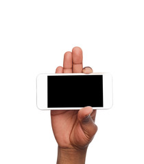 Hand holding mobile smart phone with blank screen