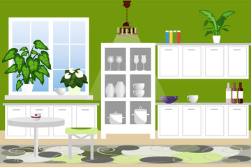 The interior of the kitchen. Cozy kitchen with furniture, cabinets, kitchen utensils, plants. Flat design, cartoon. Vector illustration.
